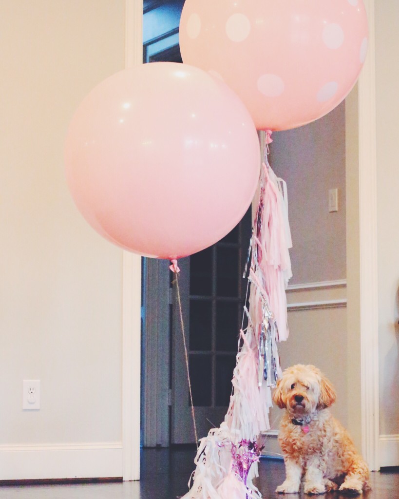 giant pink balloons with silver and pink tassel garlands