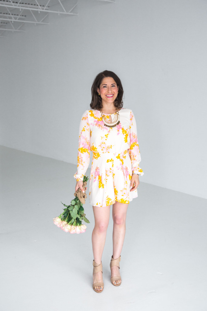 Floral Romper from Anthro with pink and orange flowers