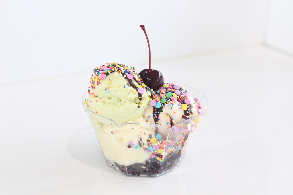 The Ultimate Ice Cream Sundae. Brownie on the bottom, ice cream, hot fudge, rainbow sprinkles with a cherry on top!