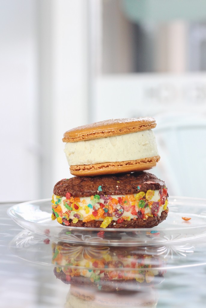 Homemade ice cream sandwiches with giant macarons and Fruity Pebbles