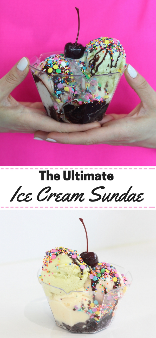 The Ultimate Ice Cream Sundae. Brownie on the bottom, ice cream, hot fudge, rainbow sprinkles with a cherry on top!