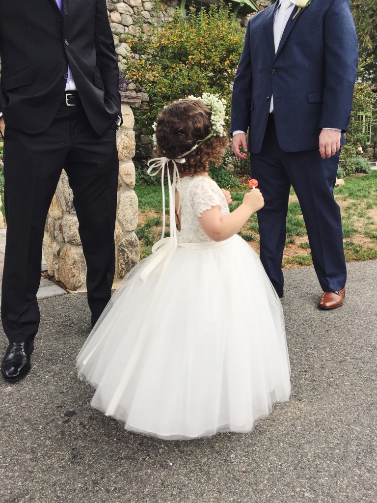 Flower Girl Dress: Ivory lace, tulle skirt and floral wreath