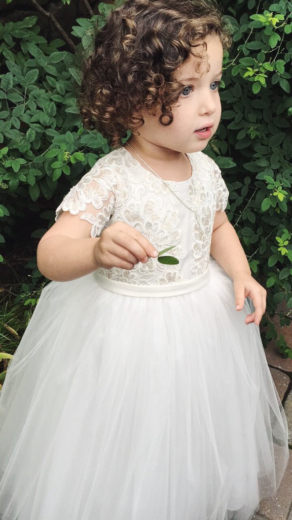 Flower girl dress with lace sleeves and tulle skirt, custom made by cuteheads. Click for details on how to order!