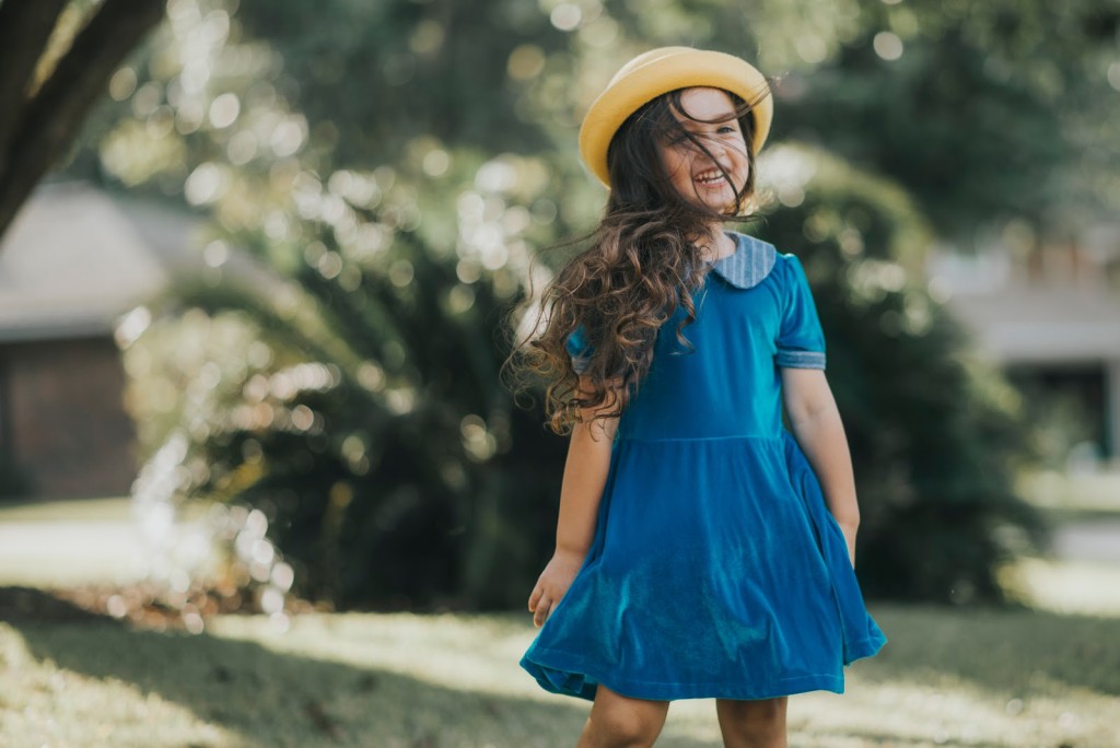 Girls winter fashion, only from cuteheads.com. Shop the Brie dress, a gorgeous blue velvet dress with chambray trim. 