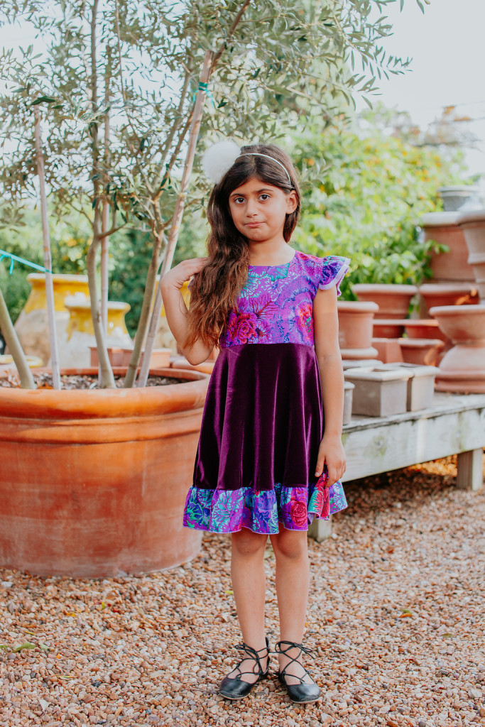 Floral cotton and purple velvet holiday dresses