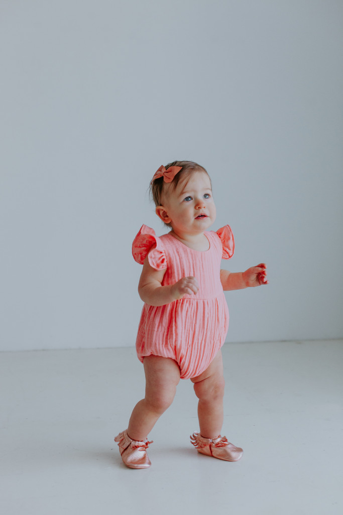 The Rosalind romper, the cutest pink cotton bubble romper for baby girls