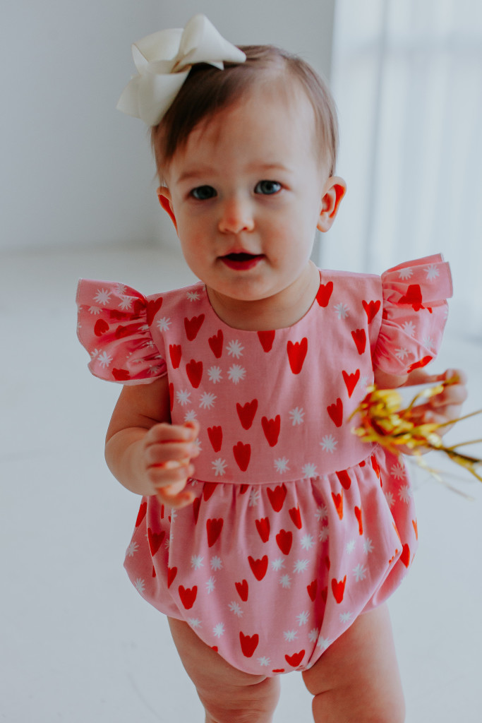 Ettie pink heart bubble romper, the perfect pink romper for Valentine's Day for baby girls