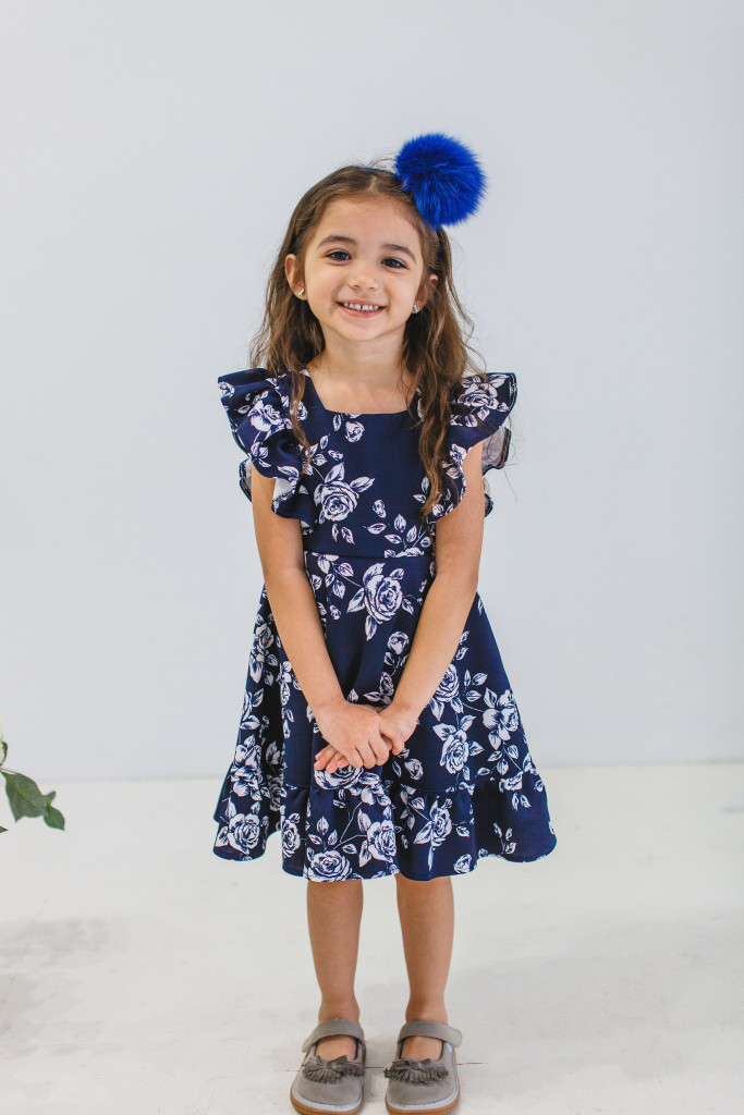 navy and white floral ruffled dress