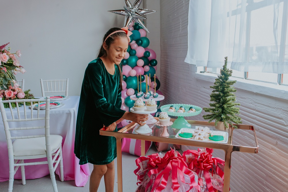 pink and green Christmas decor and treats