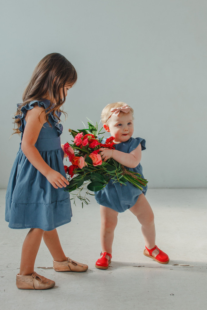 little girls Easter dresses - blue linen ruffle dress and matching bubble romper