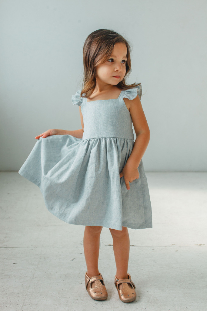 little girls Easter dresses - blue linen flutter sleeve dress