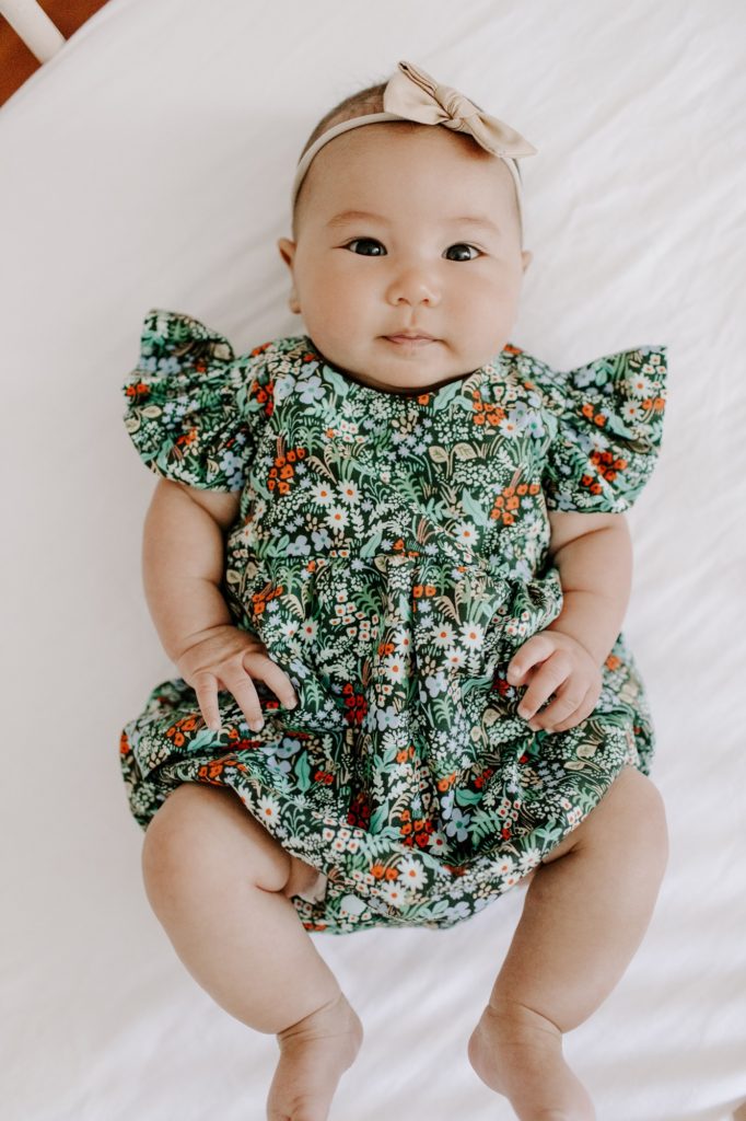 hunter green floral Rifle Paper Co. baby girl bubble romper 