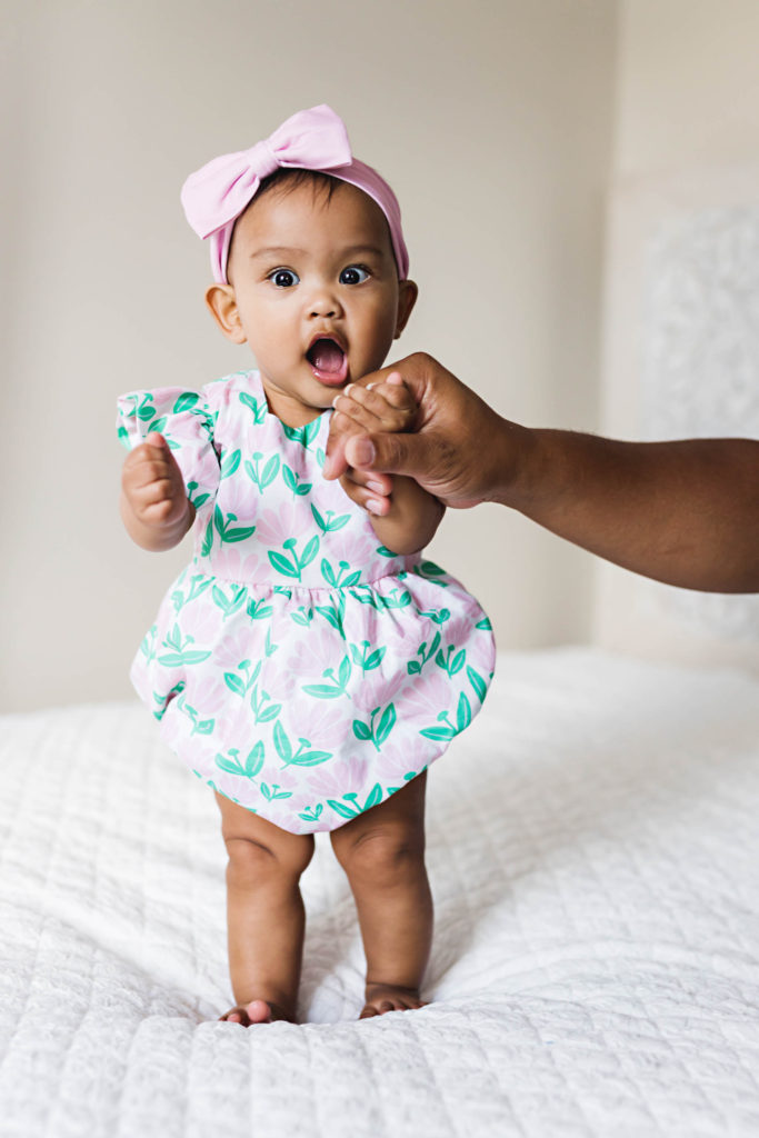 infant girl's pink and green floral cotton bubble romper