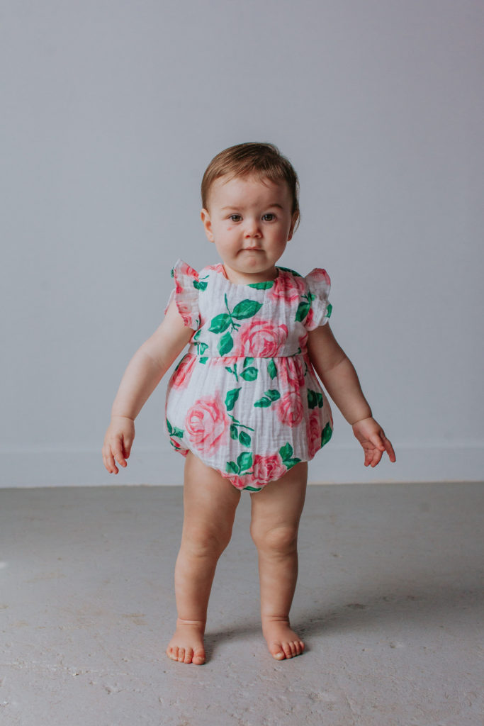 infant girl's pink and green floral bubble romper