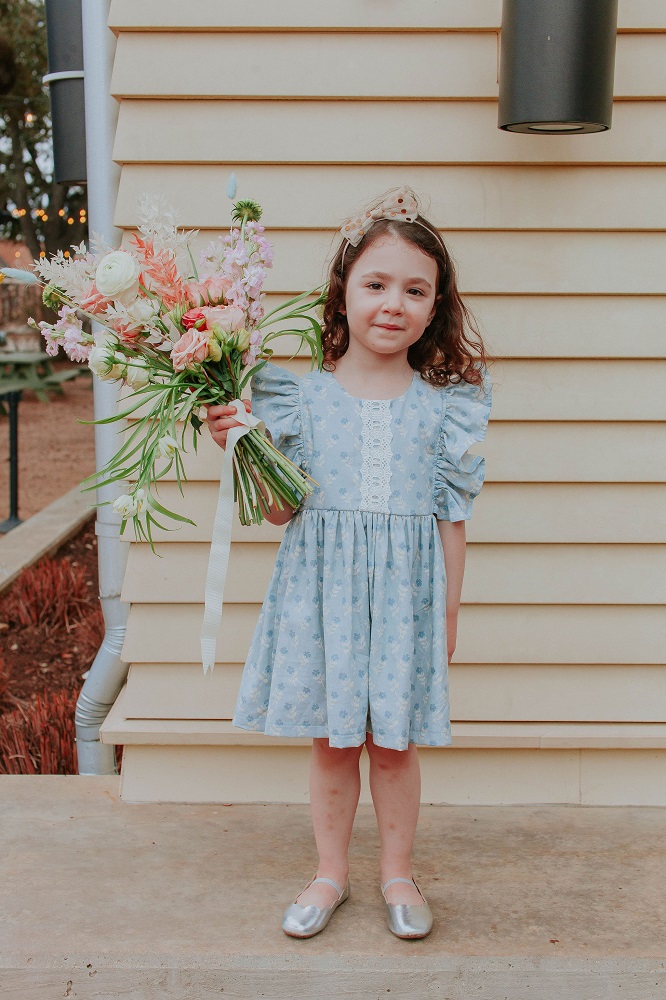 little girls blue gray ruffle pinafore dress