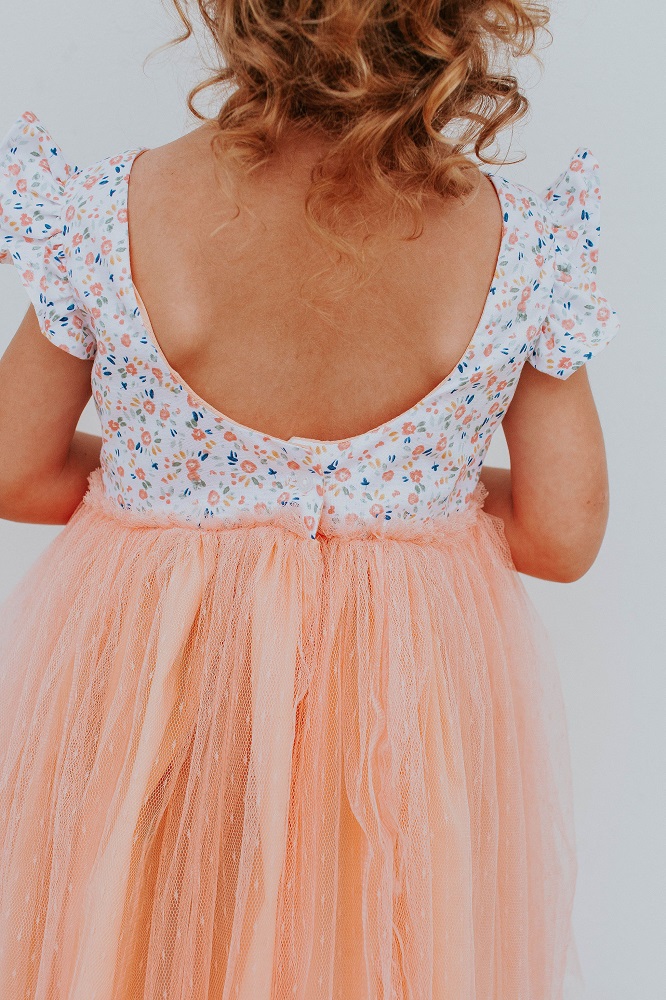 little girls peach and floral scoop back dress
