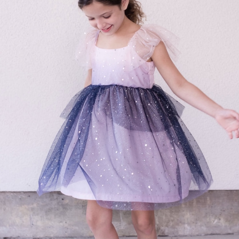 little girls pink and navy tulle dress