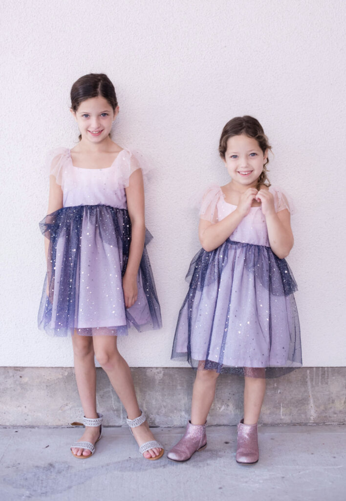 little girls pink and navy tulle dress