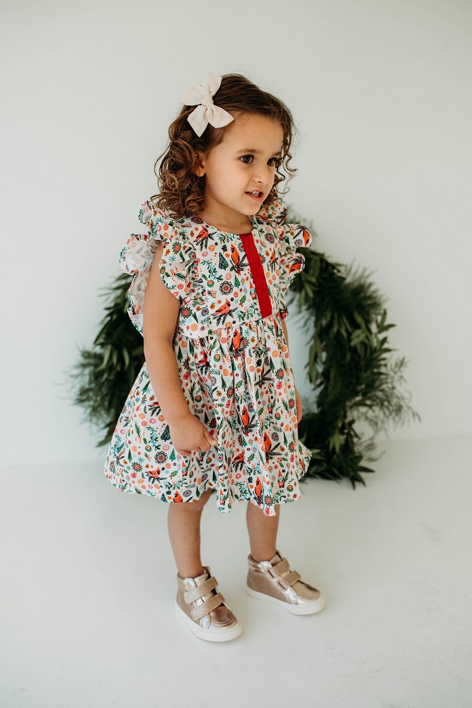 little girl's cardinal print Christmas pinafore dress