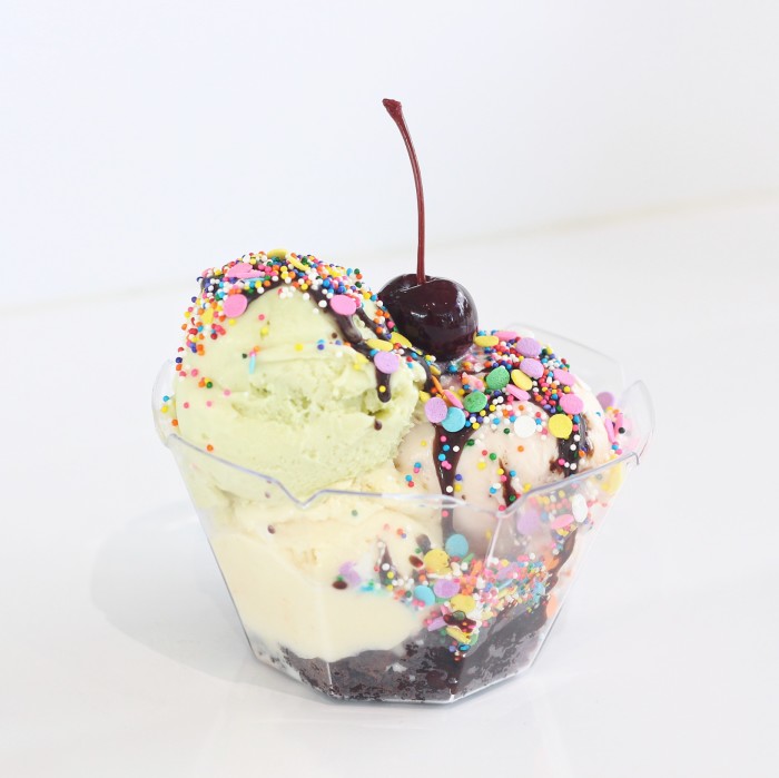The Ultimate Ice Cream Sundae. Brownie on the bottom, ice cream, hot fudge, rainbow sprinkles with a cherry on top!