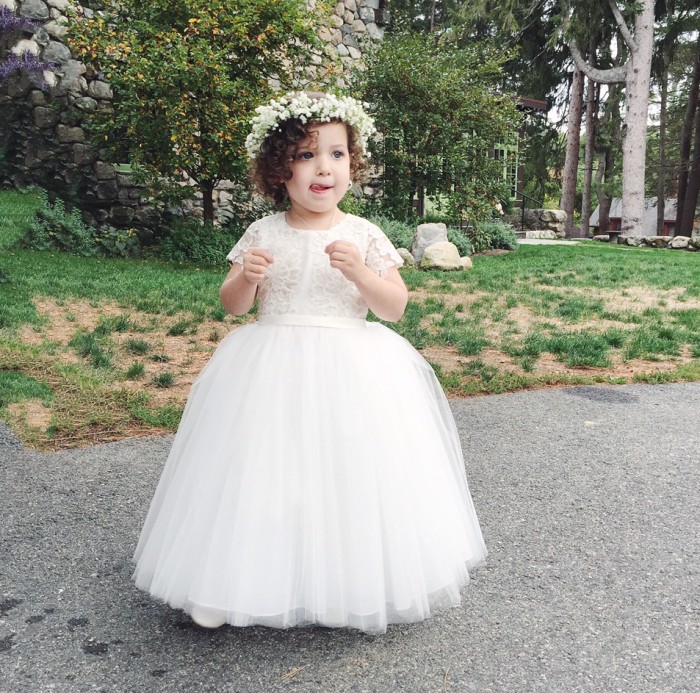 Flower Girl Dress: Ivory lace, tulle skirt and floral wreath