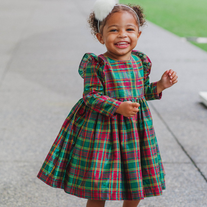 The Noelle Dress: red, green and gold shimmery cotton. The cutest Christmas dresses for girls, see more at cutehaeds.com.