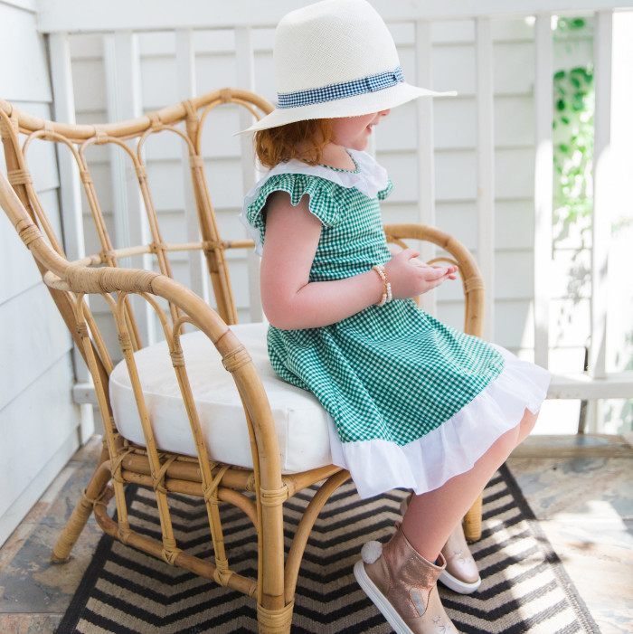 The cuteheads x Veronika's Blushing Harper dress, the cutest green gingham dress with white ruffled details, perfect for any season. Handmade girls fashion at its finest.
