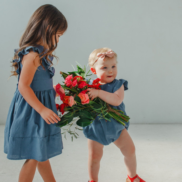 little girls Easter dresses - blue linen ruffle dress and matching bubble romper